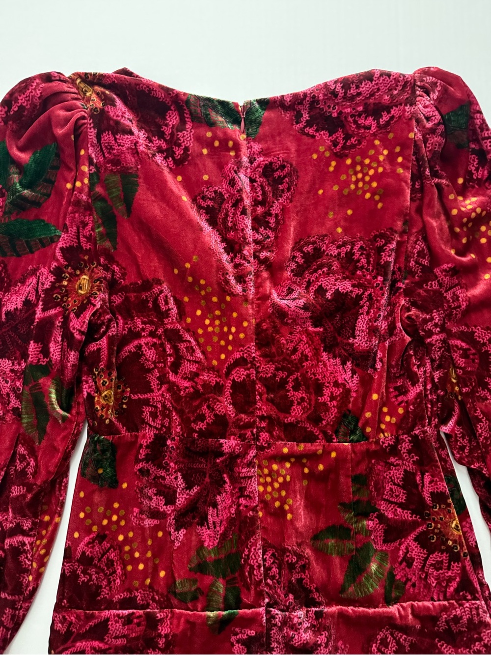 Farm Rio Red Shiny Flowers Velvet Mini Dress Medium Deep V Neck Ruched⁠ - Picture 10 of 16